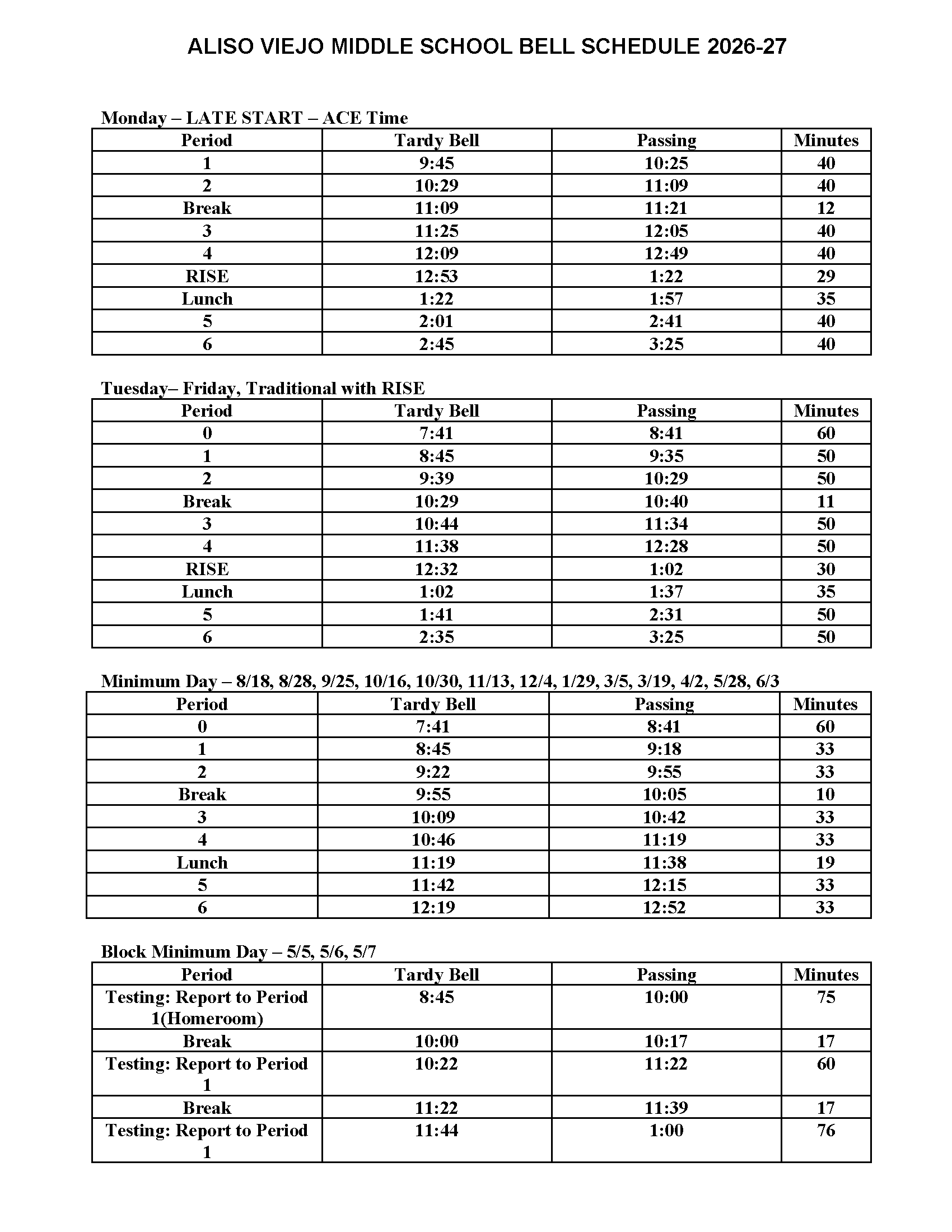 AVMS Bell Schedule